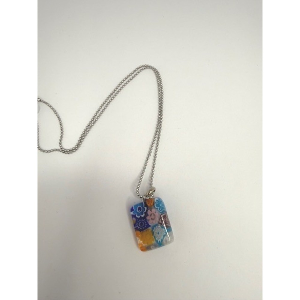 Murano Millefiori Glass Pendant Necklace Multicolor Floral Mosaic Silver Tone